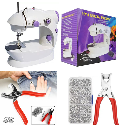 مجموعة الخياطة الذكية ( آلة خياطة صغيرة محمولة + كماشة تركيب الازرار المعدنية )